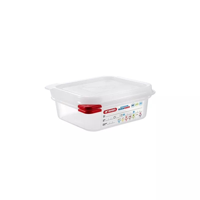 CUBETA ARAVEN 3023 1.1 L de plástico transparente con tapa roja y diseño cuadrado ideal para almacenamiento.