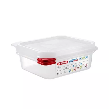 CUBETA ARAVEN 3023 1.1 L de plástico transparente con tapa roja y diseño cuadrado ideal para almacenamiento.