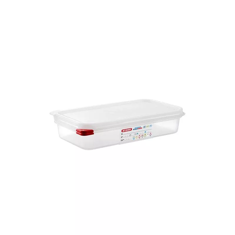 CUBETA ARAVEN 3029 2.5 L de plástico transparente con tapa roja y diseño rectangular ideal para almacenamiento.