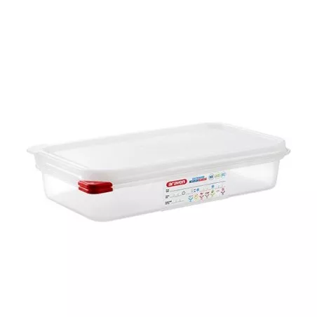 CUBETA ARAVEN 3029 2.5 L de plástico transparente con tapa roja y diseño rectangular ideal para almacenamiento.