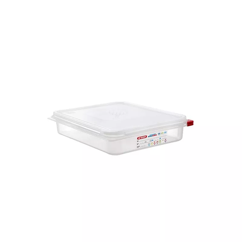 CUBETA ARAVEN 3032 4 L. GN1/2 TTE de plástico transparente con tapa y diseño cuadrado ideal para almacenamiento.