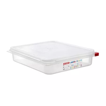 CUBETA ARAVEN 3032 4 L. GN1/2 TTE de plástico transparente con tapa y diseño cuadrado ideal para almacenamiento.