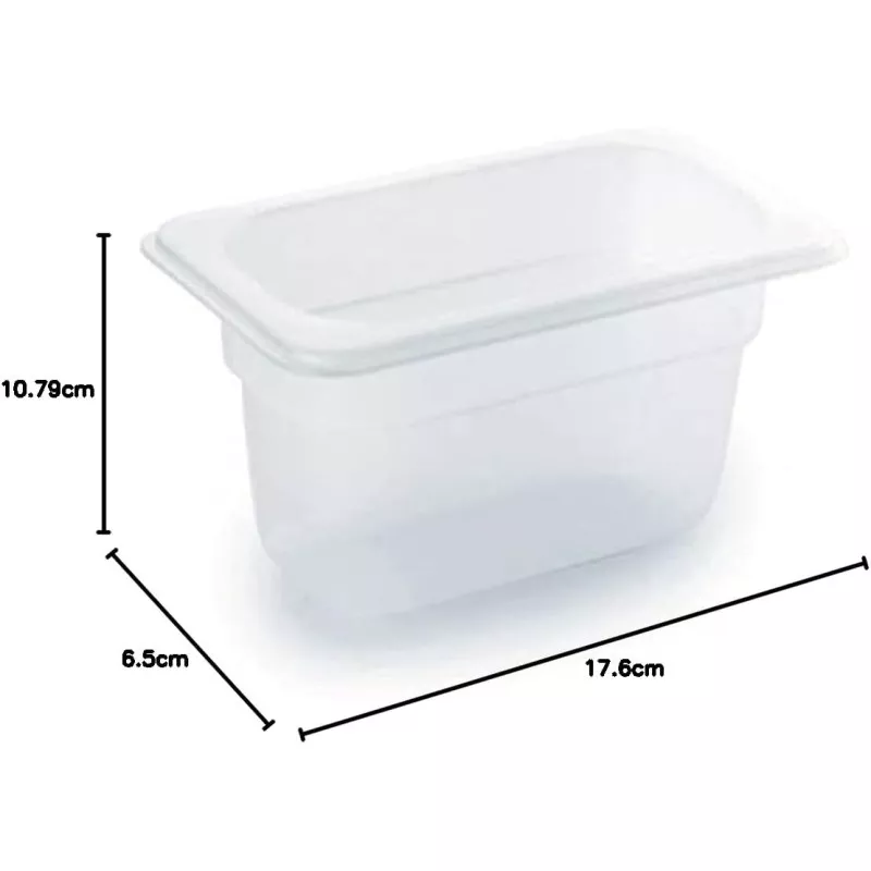 CUBETA GASTRONOR 1/9 RFª 66965 LACOR 0,70L de plástico transparente con tapa, formato rectangular y medidas 17,6x6,5x10,79 cm.