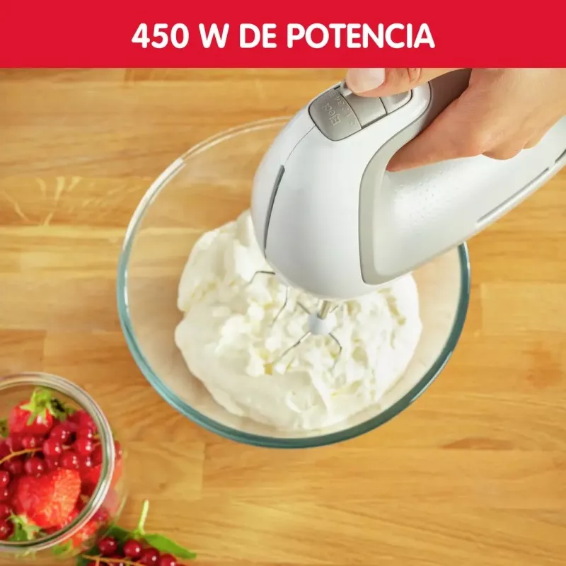 Batidora amasadora Moulinex HM450B10 450W con bol 3.5L diseño ergonómico blanco y accesorios de mezcla de acero inoxidable