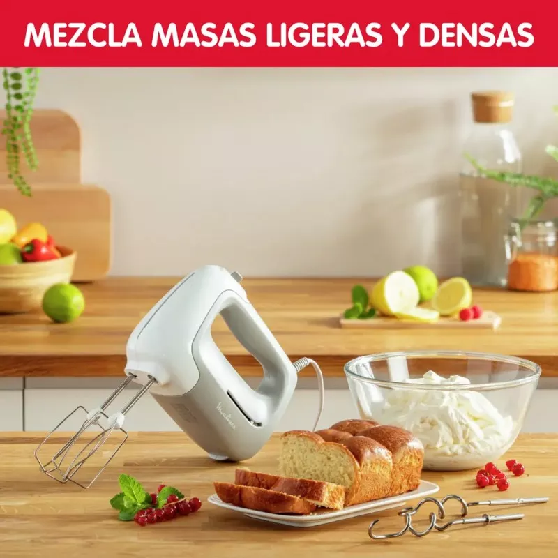 Batidora amasadora Moulinex HM450B10 450W blanca con bol de plástico 3.5L y varillas de acero inoxidable para mezclar masas.