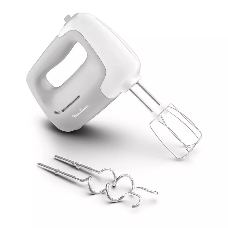 Batidora amasadora Moulinex HM450B10 450W en color blanco con bol de 3.5L y varillas de acero inoxidable.