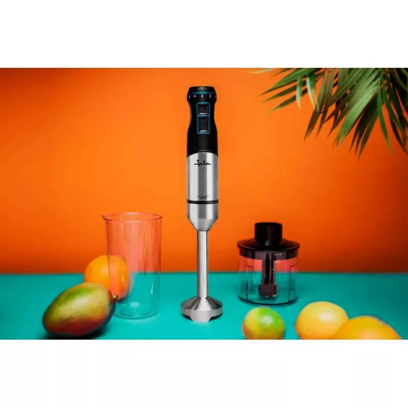 Batidora de mano Jata JEBT1853 1000W en negro y acero inoxidable con vaso y picadora de accesorios.