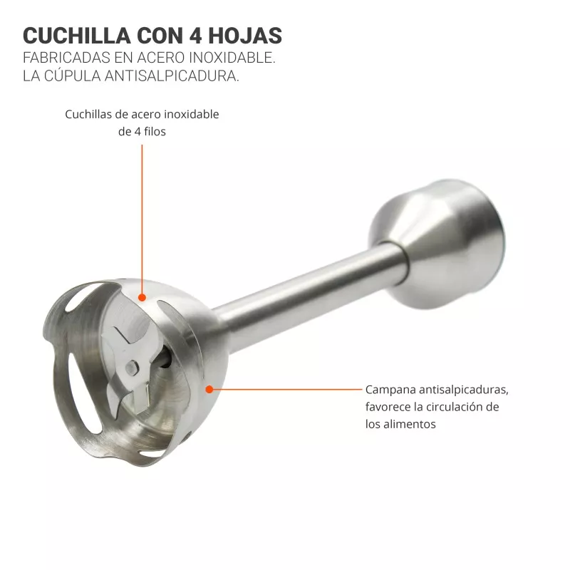 Batidora de mano TM Electron TMPBA016 1200W inox 600ml con cuchilla de acero inoxidable y diseño antisalpicadura.