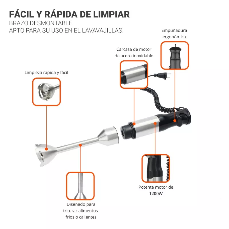 Batidora de mano TM Electron TMPBA016 1200W inox 600ml con brazo desmontable y diseño ergonómico para fácil limpieza