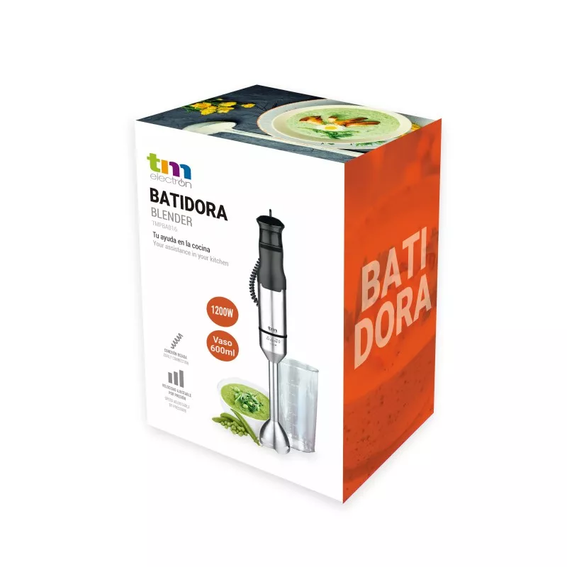 Batidora de mano TM Electron TMPBA016 1200W inox 600ml con cuchilla de acero inoxidable y diseño ergonómico.