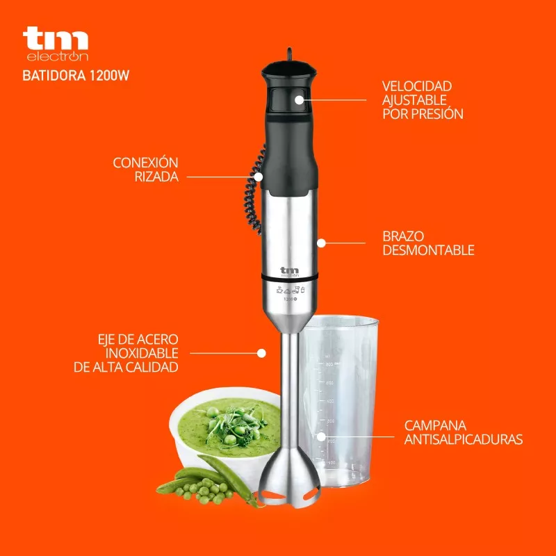 Batidora de mano TM Electron TMPBA016 1200W inox 600ml con brazo desmontable y eje de acero de alta calidad