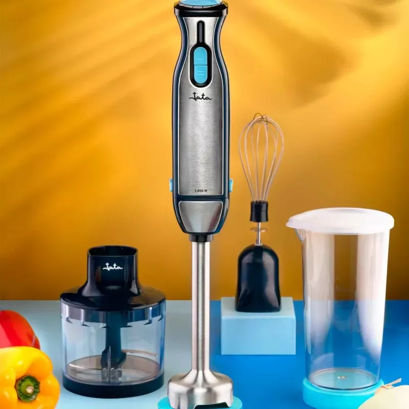 Batidora de mano Jata JEBT5026 1000W inox con accesorios, diseño ergonómico y acabado en acero inoxidable.