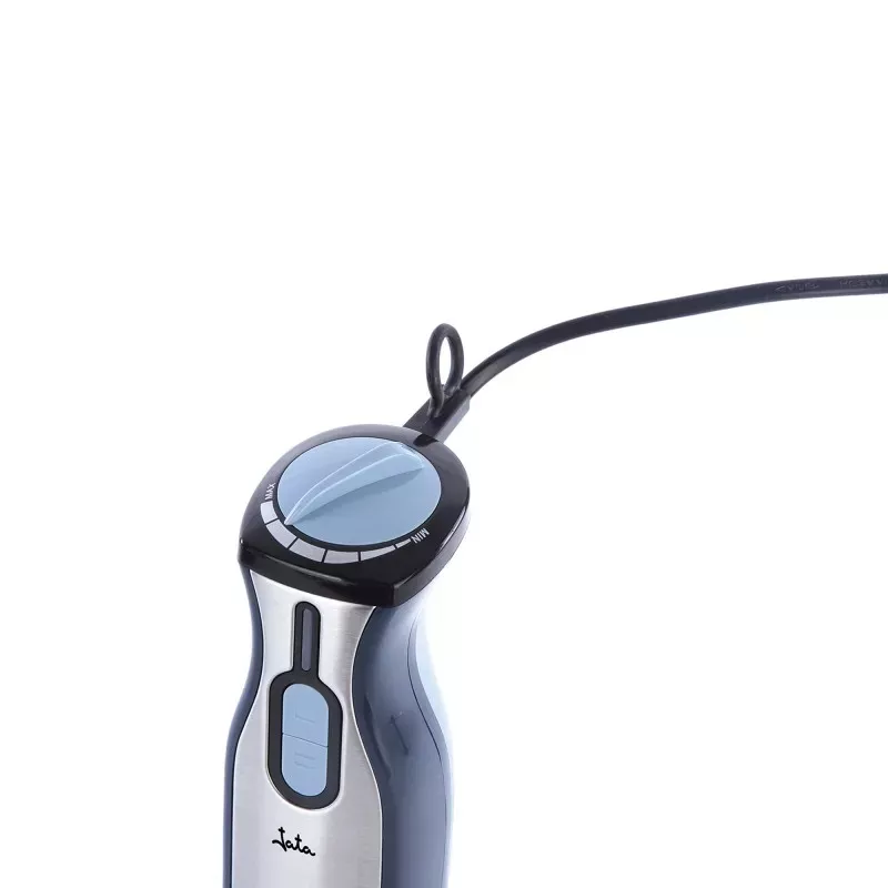 Batidora de mano Jata JEBT5026 1000W inox con accesorios azul y acabado brillante, diseño ergonómico y cómodo.