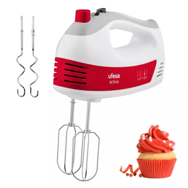 Batidora amasadora Ufesa BV4650 400W 5 velocidades turbo de diseño blanco y rojo con varillas de acero inoxidable