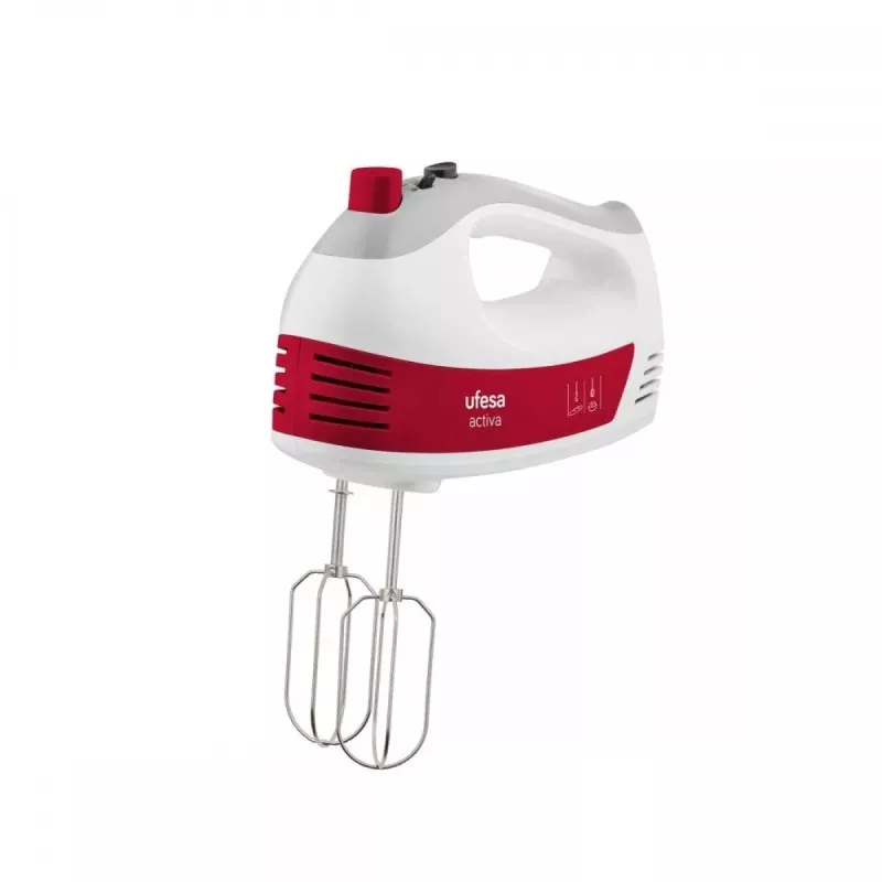 Batidora amasadora Ufesa BV4650 400W 5 velocidades turbo blanca y roja con ganchos para amasar y mezclar.