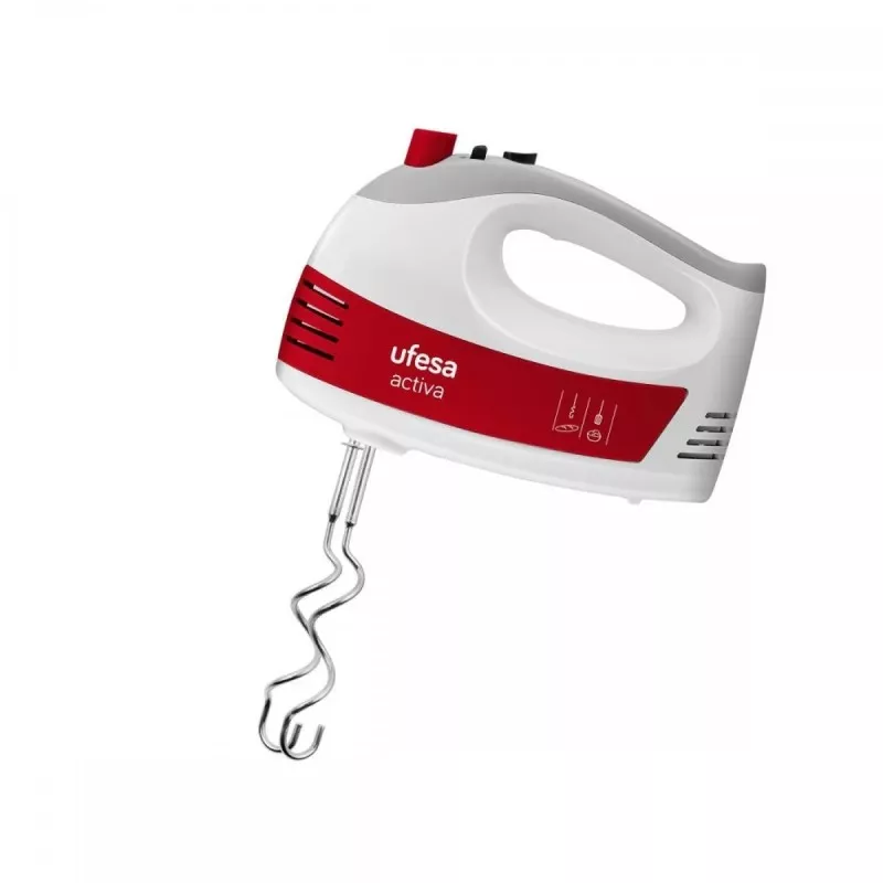 Batidora amasadora Ufesa BV4650 400W con diseño ergonómico, 5 velocidades y acabado en blanco y rojo.