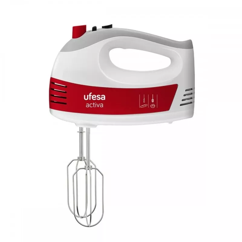Batidora amasadora Ufesa BV4650 400W 5 velocidades turbo blanca y roja con diseño ergonómico y moderno.