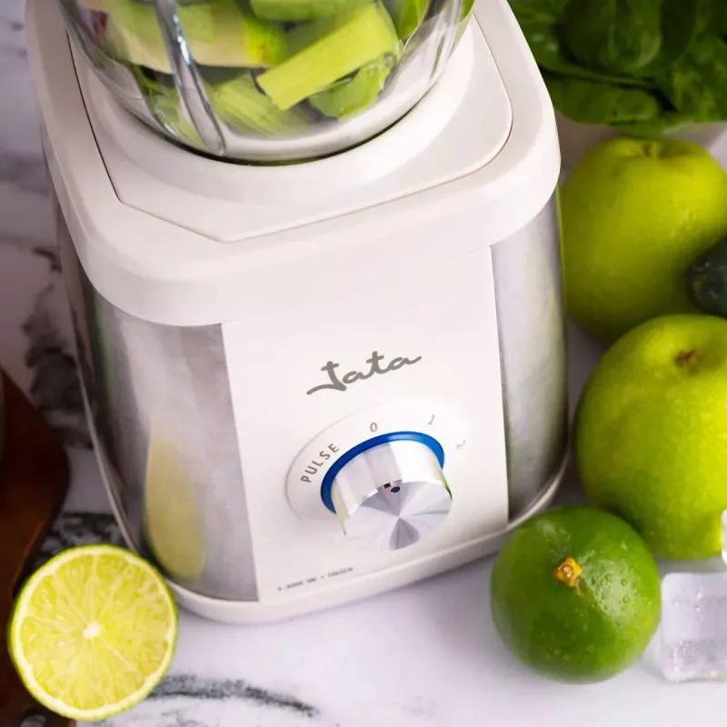 Batidora de vaso Jata BT797 1,3L 1300W pica hielo en color blanco con jarra de vidrio y control de velocidad.