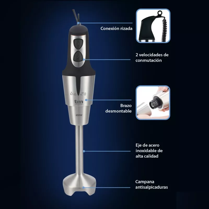 Batidora de mano TM Electron TMPBA008 650W 900ml con diseño ergonómico en negro y acero inoxidable, fácil de desmontar
