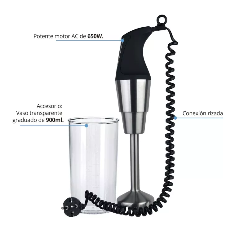 Batidora de mano TM Electron TMPBA008 650W color negro y acero, incluye vaso graduado de 900ml y motor potente.