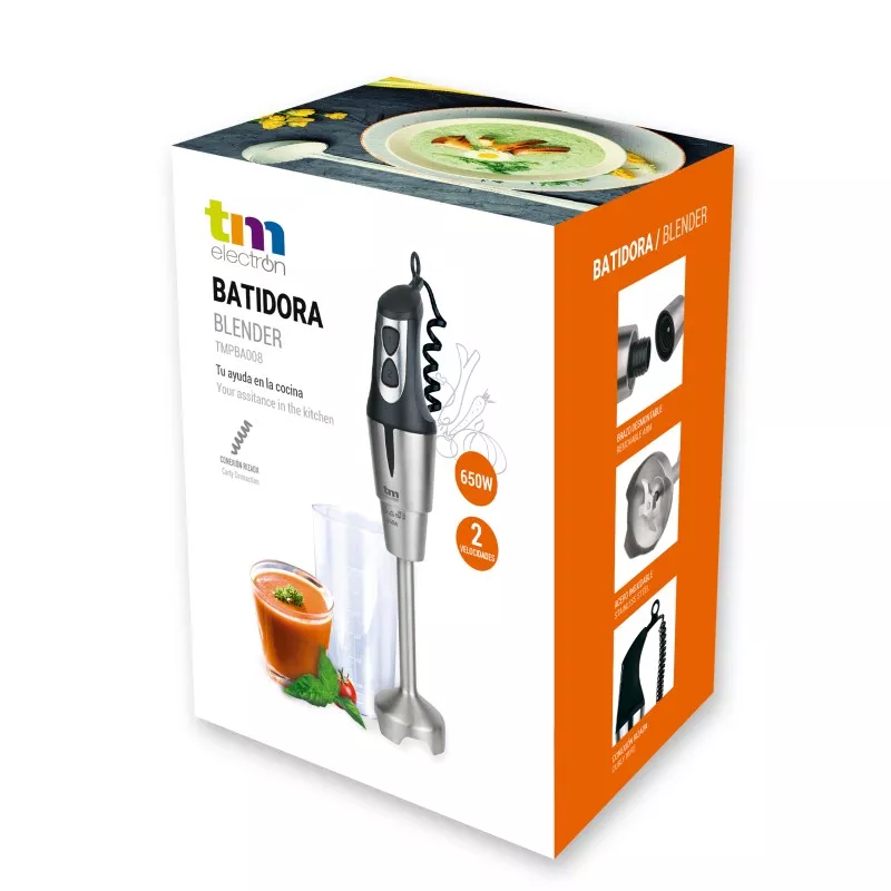 Batidora de mano TM Electron TMPBA008 650W 900ml negra con diseño ergonómico y cuchilla de acero inoxidable