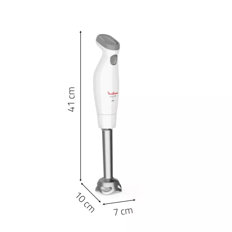 Batidora de mano Moulinex DD451110 450W Powelix blanca con diseño ergonómico y cuchilla de acero inoxidable.
