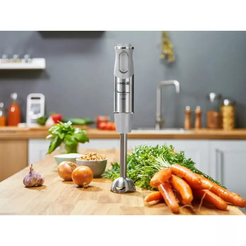 Batidora de mano Moulinex QuickChef DD65AD10 1000W de acero inoxidable con diseño ergonómico y varilla desmontable.