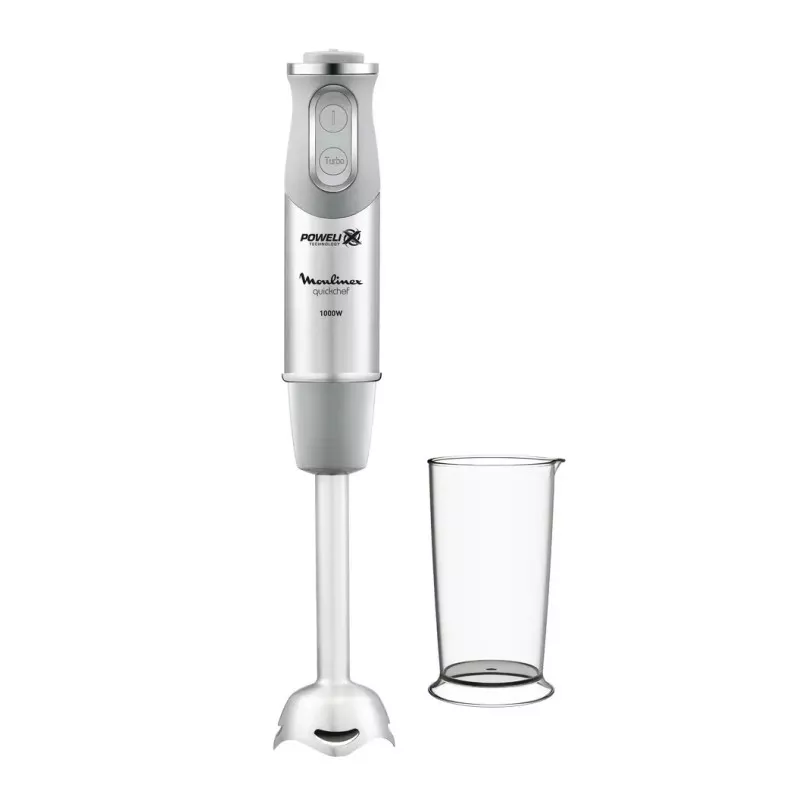 Batidora de mano Moulinex QuickChef DD65AD10 1000W color plateado con vaso medidor y diseño ergonómico.