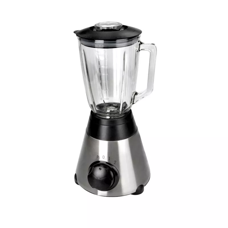 Batidora de vaso Lacor 69081 1,6L 500W cristal con base de acero inoxidable y tapa negra, diseño moderno y funcional.