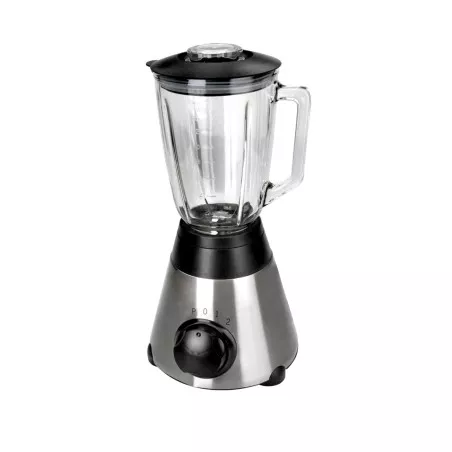 Batidora de vaso Lacor 69081 1,6L 500W cristal con base de acero inoxidable y tapa negra, diseño moderno y funcional.