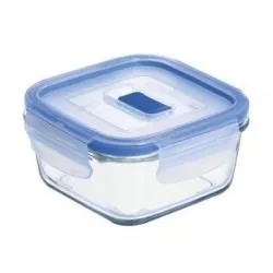 RECIPIENTE CUAD. 38CL. PURE BOX 9207675 de vidrio con tapa azul y diseño hermético ideal para almacenamiento.