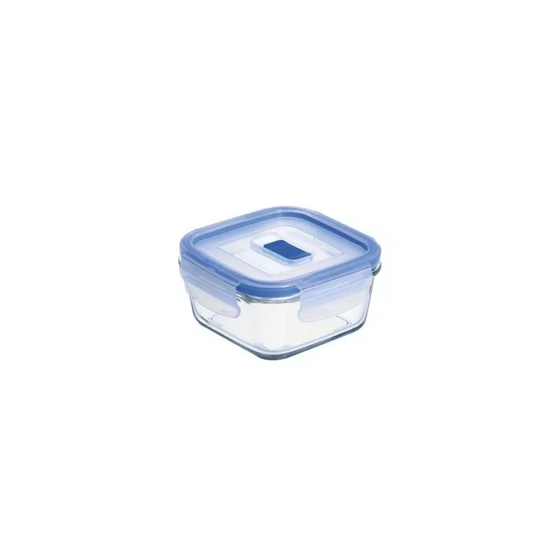 RECIPIENTE CUAD. 38CL. PURE BOX 9207675 de vidrio con tapa azul y diseño hermético ideal para almacenamiento.