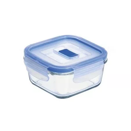 RECIPIENTE CUAD. 38CL. PURE BOX 9207675 de vidrio con tapa azul y diseño hermético ideal para almacenamiento.