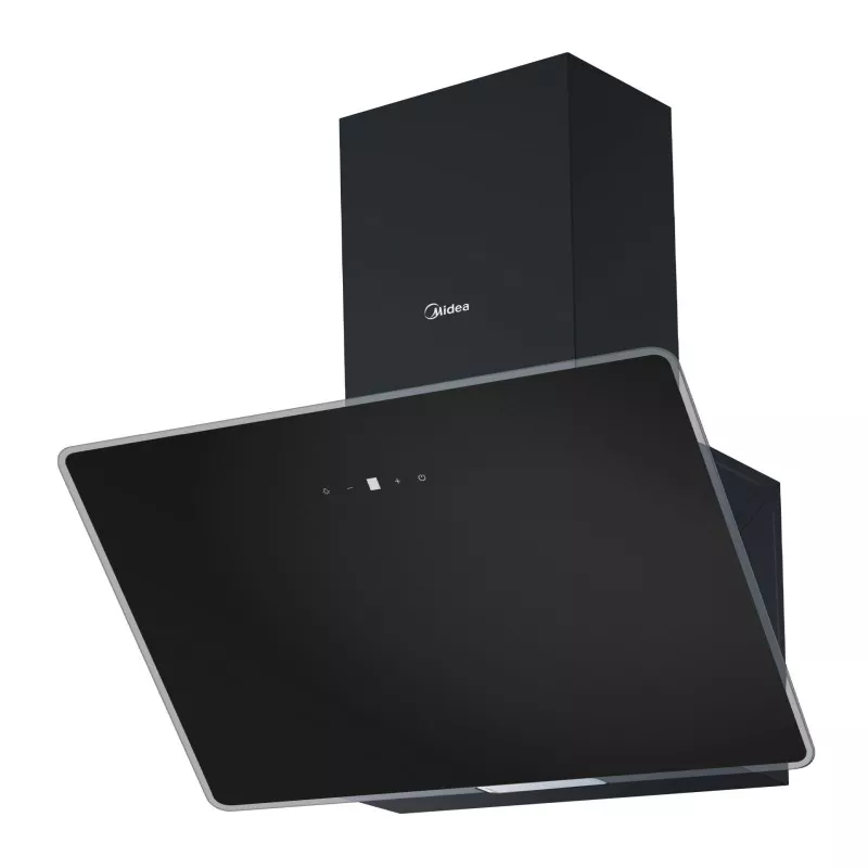 Campana decorativa inclinada Midea MH90A3200B-ES – 90 cm en color negro con diseño moderno y acabado en vidrio templado