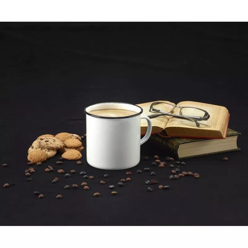 TAZA 12 BLANCA LA ESTRELLA de cerámica, diseño clásico, borde negro, ideal para café o té.