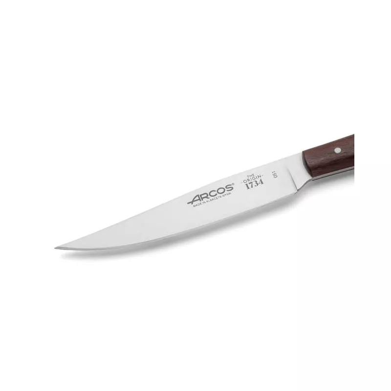 Cuchillo chuletero Arcos 373700 de acero inoxidable con mango de madera oscura y diseño elegante.