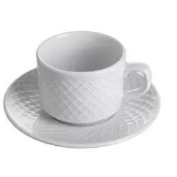 TAZA TE ESCORIAL BCO 510/18 de cerámica blanca con diseño texturizado y plato a juego.