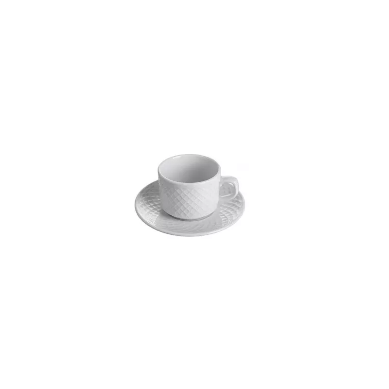TAZA TE ESCORIAL BCO 510/18 de cerámica blanca con diseño texturizado y plato a juego.