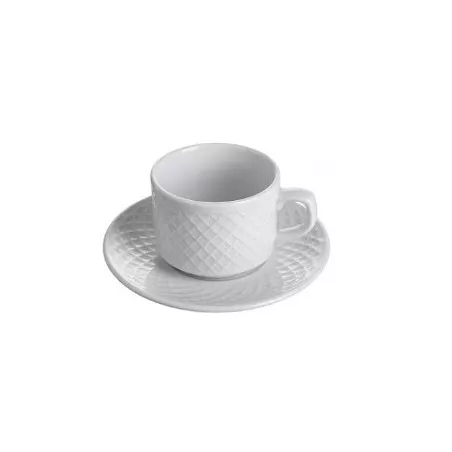 TAZA TE ESCORIAL BCO 510/18 de cerámica blanca con diseño texturizado y plato a juego.