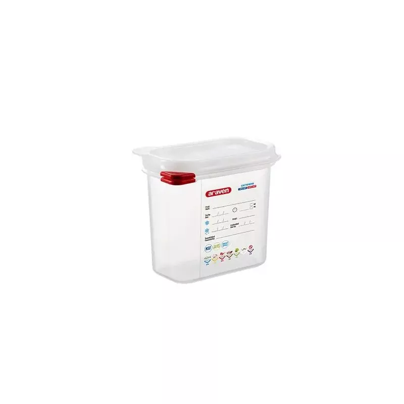 CUBETA ARAVEN 3022 1.5 L transparente de plástico con tapa roja y diseño apilable ideal para almacenamiento.