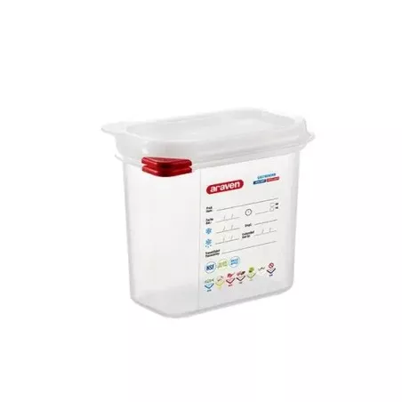 CUBETA ARAVEN 3022 1.5 L transparente de plástico con tapa roja y diseño apilable ideal para almacenamiento.