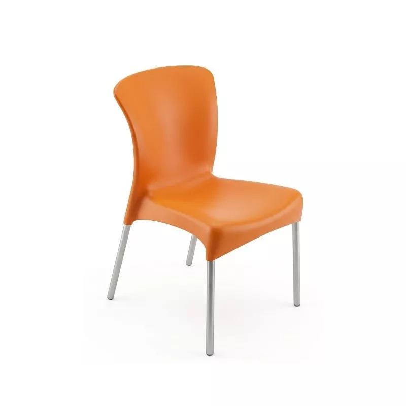 Silla exterior Resol Hey aluminio y polipropileno naranja con diseño ergonómico y acabado moderno.