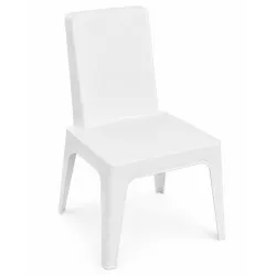 Silla Julia polipropileno apilable blanco brillo con diseño moderno y acabado brillante, ideal para interiores y exteriores.
