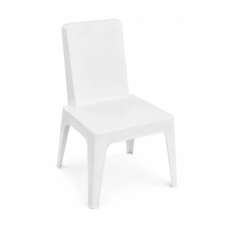 Silla Julia polipropileno apilable blanco brillo con diseño moderno y acabado brillante, ideal para interiores y exteriores.