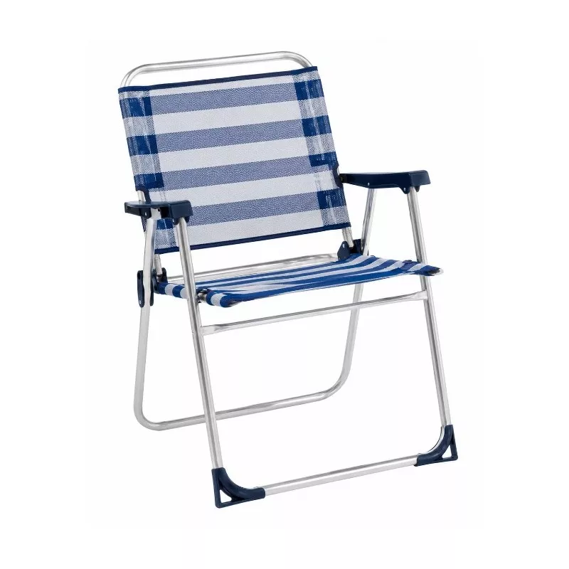 Sillón fijo Alco 631ALF-0030 en aluminio con tejido fibreline azul y diseño plegable para exteriores.