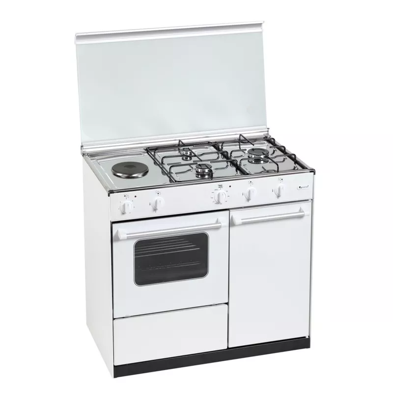 Cocina de gas Gralux FQ5103/1 90x55 cm porta bombona en color blanco con horno y parrilla de gas.