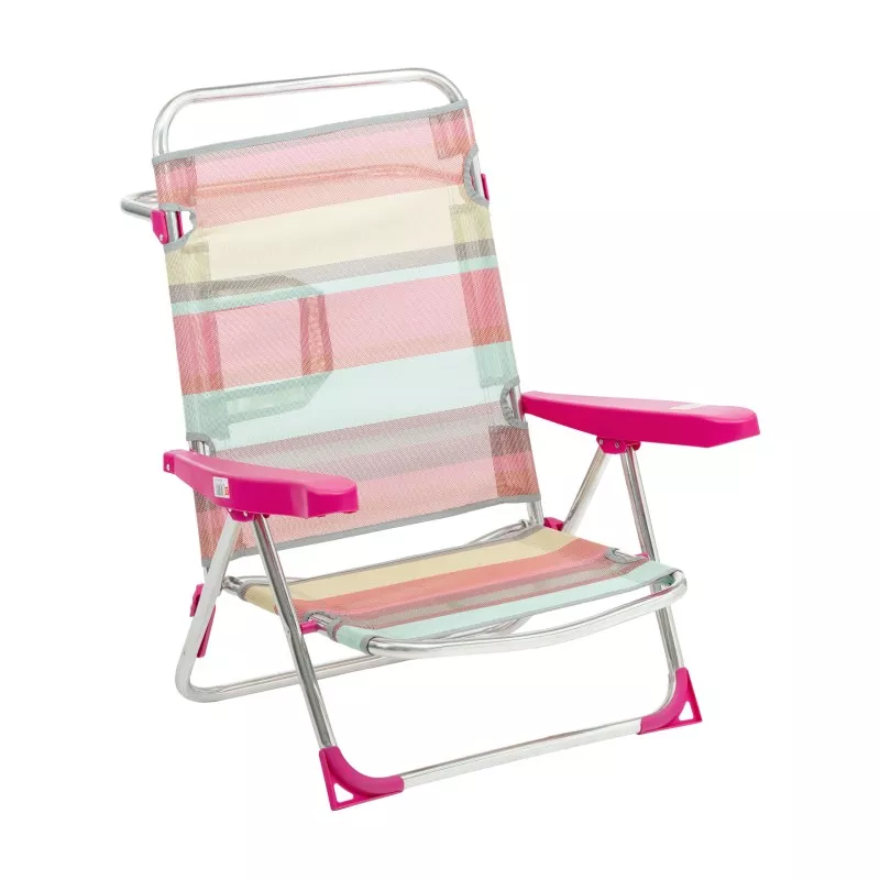 Silla playa Alco 607ALF-1726 Fibreline rosa con estructura de metal y tapizado a rayas multicolor.