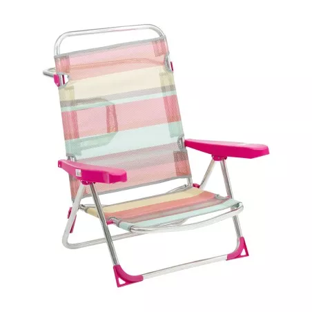 Silla playa Alco 607ALF-1726 Fibreline rosa con estructura de metal y tapizado a rayas multicolor.
