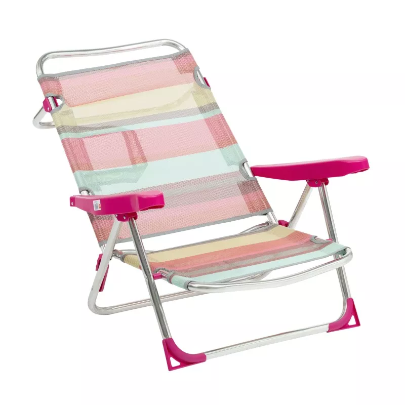 SILLON PLAYA 607 ALF-1726 ALCO RAYAS ROSAS de acero, con textura de rayas en colores rosa y beige, ligero y plegable.