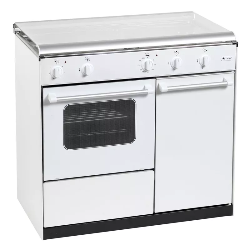 Cocina de gas Gralux FQ5103/1 90x55 cm porta bombona, blanca, con horno, quemadores de acero y diseño funcional.